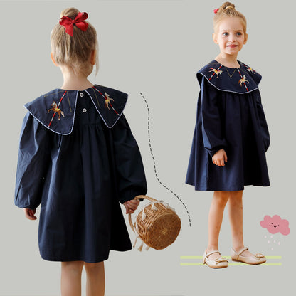 Preppy Style Autumn Girls Horse Embroidery Collar Long Sleeves Dress