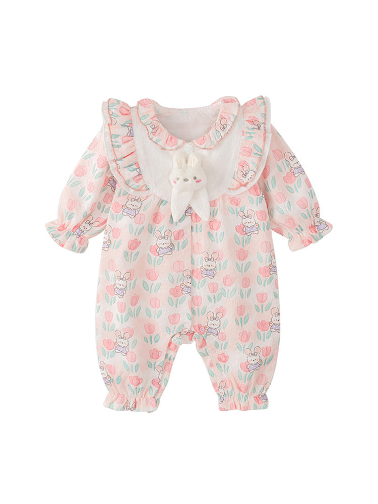 Autumn New Arrival Baby Girls Flowers and Rabbits Pattern Single Breasted Romper with Cute Collar