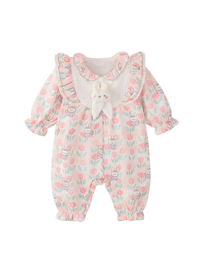 Autumn New Arrival Baby Girls Flowers and Rabbits Pattern Single Breasted Romper with Cute Collar