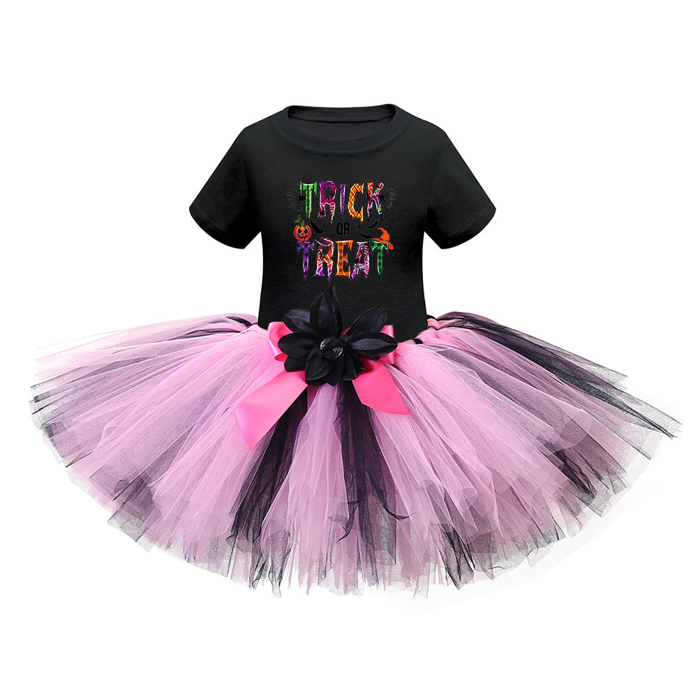 Arrival Girls’ Halloween Costume: Short Sleeves Cartoon Print Witches Cosplay Party Tulle Patchwork Dress