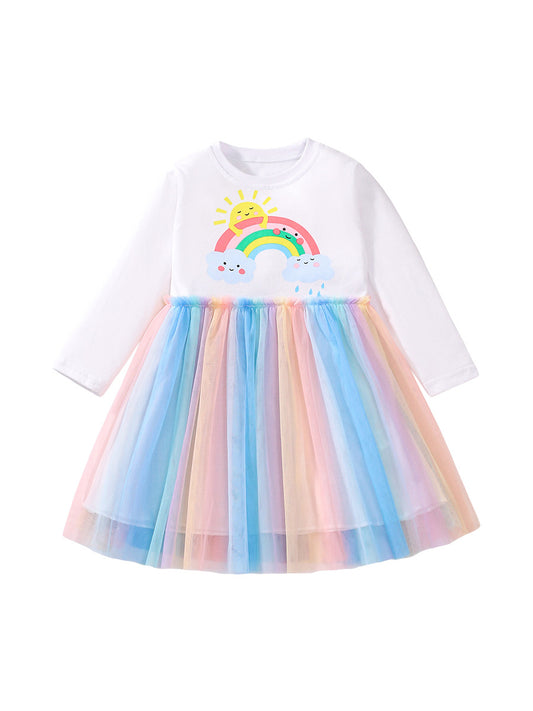 Design Autumn Girls Cartoon Rainbow And Clouds Pattern Crew Neck Long Sleeves Colorful Tulle Patchwork Dress