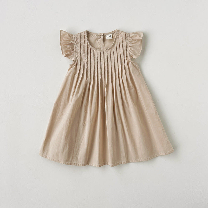 Summer New Arrival Kids Girls Fly Sleeves Solid Color Pleated Dress