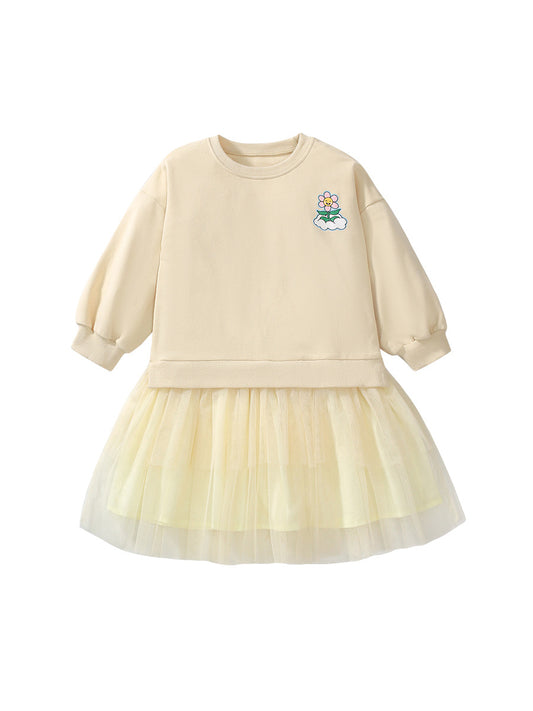 Design Autumn Girls Sunflower Pattern Logo Crew Neck Long Sleeves Tulle Patchwork Dress