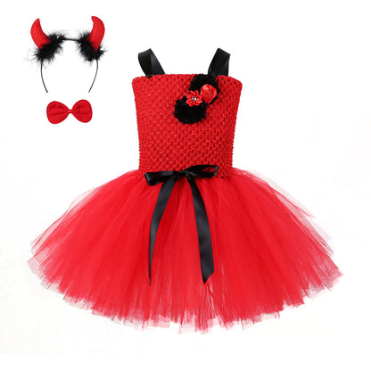 Children Girls’ Halloween Costume Set: Sleeveless Red Tulle Dress with Cosplay Accessories – Sets