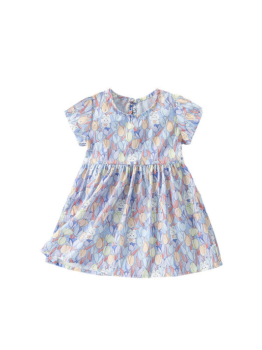 Summer New Arrival Girls’ Floral And Rabbits Pattern Short Sleeves Crew Neck Dress
