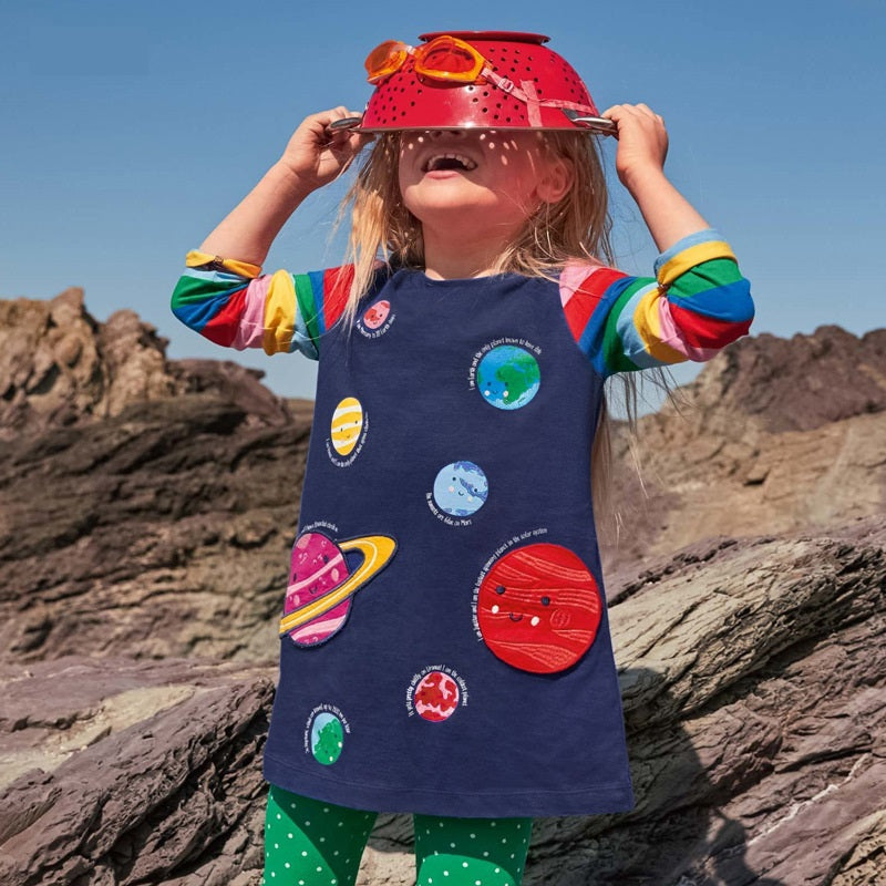 Spring Girls Kids Long Sleeve Striped Happy Planets Cartoon Dress