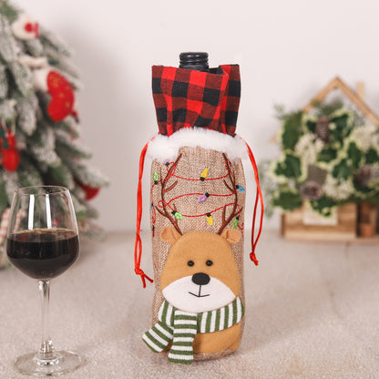 Red and Black Checkered Burlap Wine Bottle Embroidered Christmas Doll Tote Bag