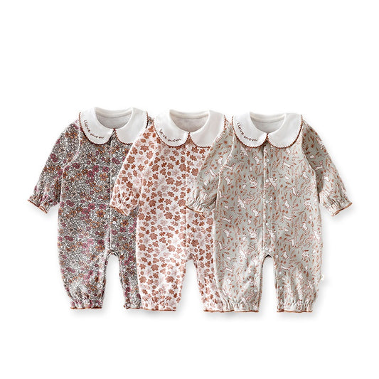 Spring New Arrival Baby Girls Long Sleeves Floral Pattern Rompers with Simple Embroidery