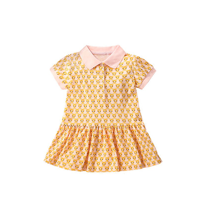 Summer New Design Girls’ Numerous Rabbits Pattern Turn-Down Collar Short Sleeves Dress