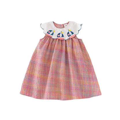 New Design Summer Baby Kids Girls Navy Style Sleeveless Plaid Dress