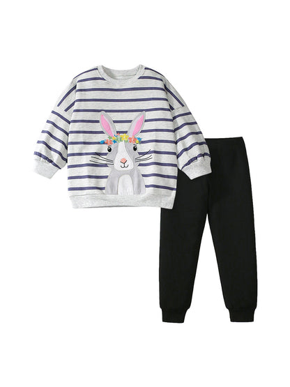 Spring and Autumn Girls Cartoon Rabbit and Striped Pattern Long Sleeves Crew Neck Top Sweatshirt and Pants Clothing Set