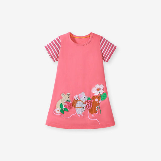 Summer Pure Cotton Animals Cartoon Pattern Short Sleeves Dress for Stylish Girls