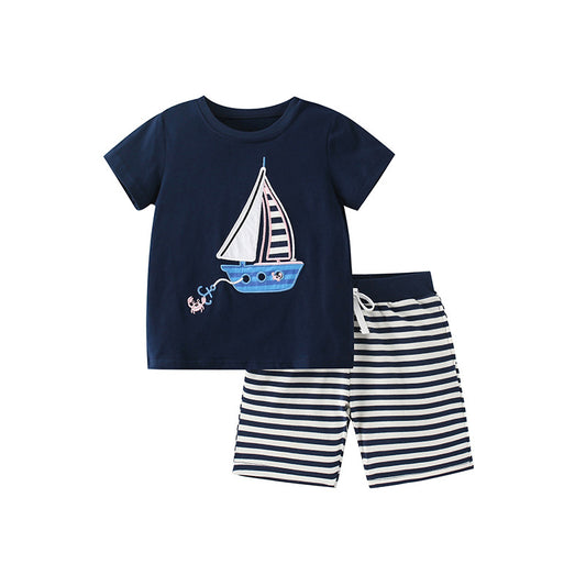 Summer Baby Kids Boys Sailboat Cartoon Pattern T-Shirt And Striped Shorts Clothing Set