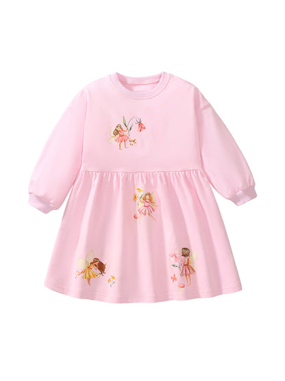 Design Autumn Girls Cartoon Fairy Pattern Crew Neck Long Sleeves Pink Princess Dress