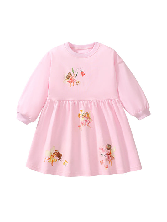 Design Autumn Girls Cartoon Fairy Pattern Crew Neck Long Sleeves Pink Princess Dress