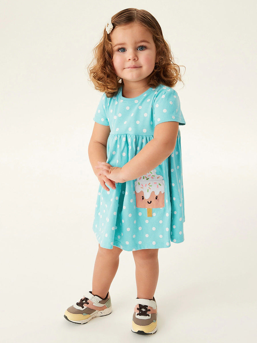 Spring And Summer Baby Girls Short Sleeves Ice-Cream Cartoon Polka Dots Dress