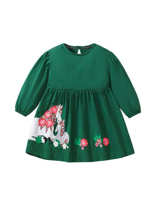 Vestido de princesa verde de manga larga con cuello redondo y estampado de flores de caballo de dibujos animados para niñas de otoño 