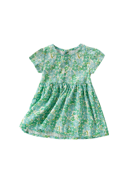 Vestido de cuello redondo y mangas cortas con estampado de flores y pintura al óleo para niñas de nuevo diseño de verano