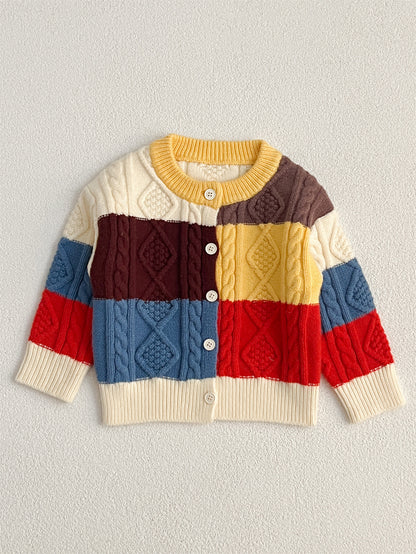 Autumn New Design Baby Kids Unisex Color Patchwork Crew Neck Knitted Cardigan Knitwear