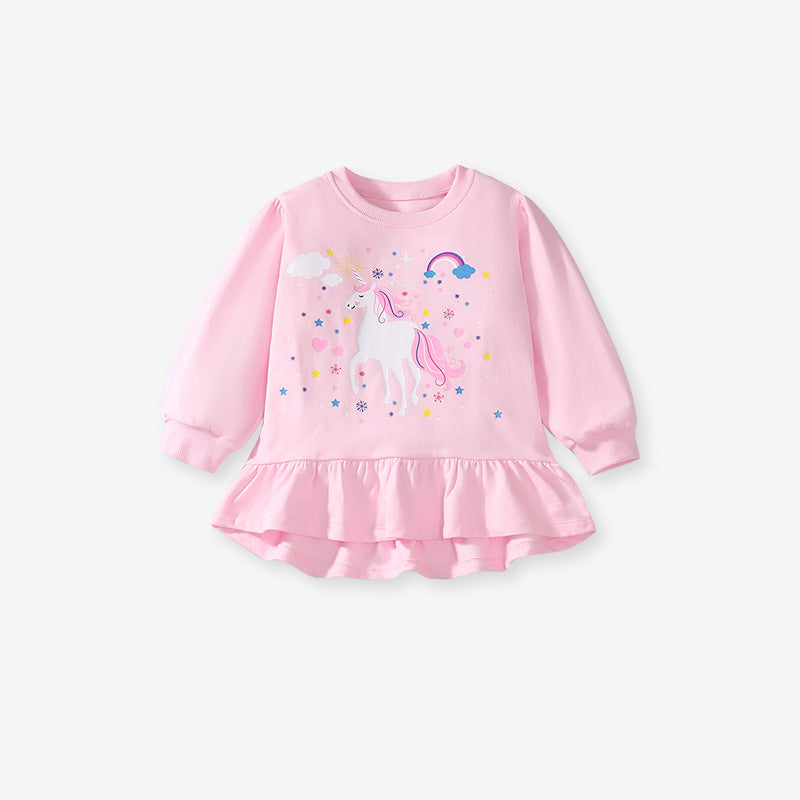 Spring And Autumn Girls Cute Cartoon Unicorn Pattern Long Sleeves Top Dress And Grey Pants Clothing Set