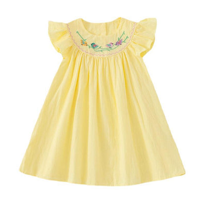 Summer Baby Kids Girls Sleeveless Birds Embroidery Yellow Dress