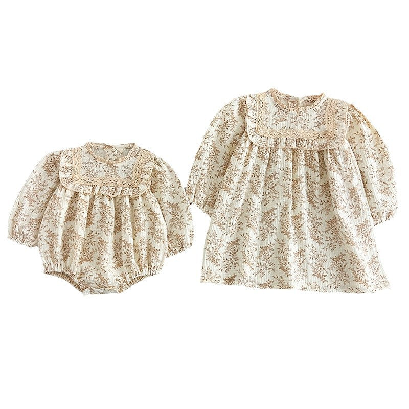 Spring Baby Girls French-style Floral Long-sleeved Onesies and Dress – Princess Sister Matching Set