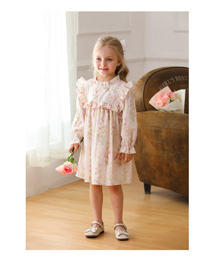 Vestido de otoño con volantes y mangas largas con estampado floral para niñas estilo francés 