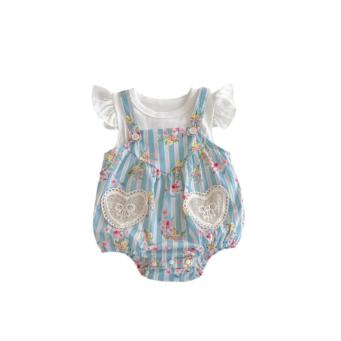 Summer Hot Selling Baby Girls Sleeveless Floral Pattern Strap Onesies And Solid Color Striped Shirt Clothing Set