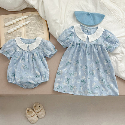 New Arrival Summer Girls Peter Pan Collar Short Sleeves Onesies And Dress – Princess Sister Matching Set