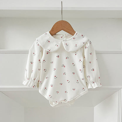 SpringArrival Baby Girls Long Sleeves Dots/Floral Pattern Peter Pan Collar White Onesies