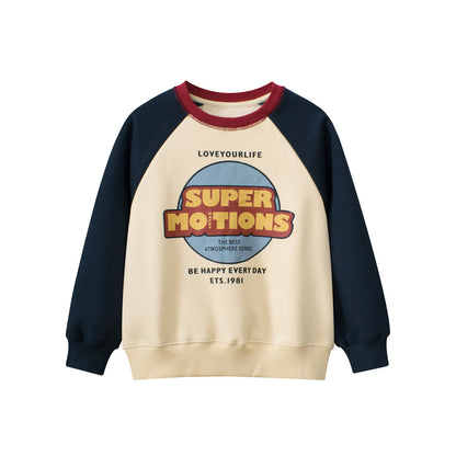 Autumn and Winter New Arrival Kids Boys Letters Print Crew Neck Long Sleeves Color Patchwork Sweatshirt