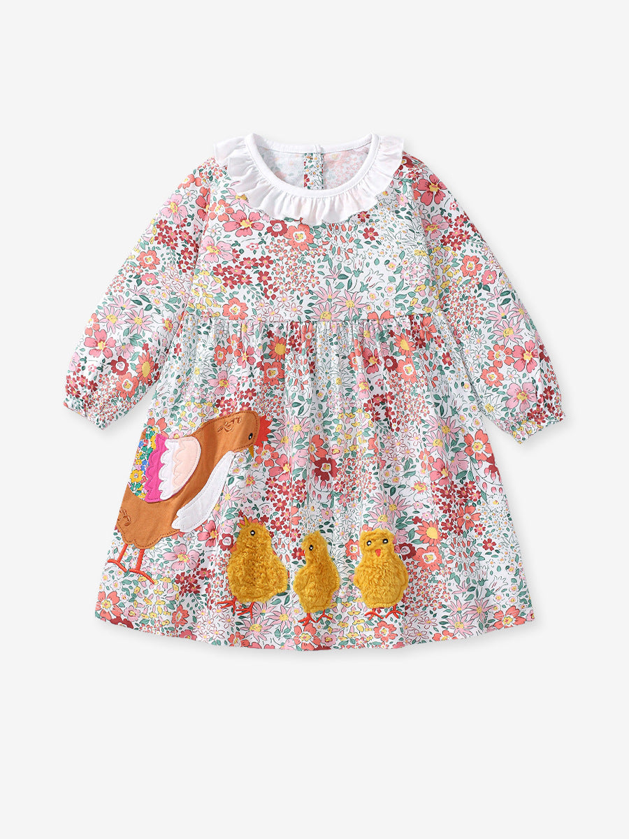 Design Autumn Girls Floral and Chicks Pattern Ruffle Collar Long Sleeves Dress