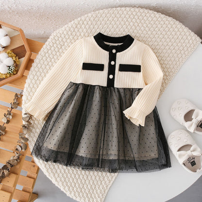 Arrival Autumn Girls Argyle Pattern Crew Neck Long Sleeves Tulle Patchwork Princess Dress