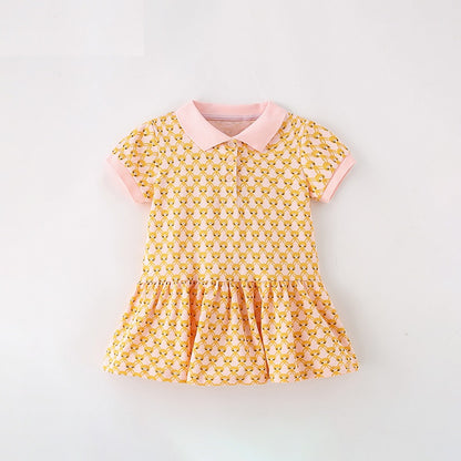 Summer New Design Girls’ Numerous Rabbits Pattern Turn-Down Collar Short Sleeves Dress