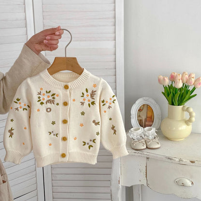 Autumn New Arrival Baby Kids Girls Comfortable Flowers Embroiedery Pattern Knitted Long Sleeves Cardigan