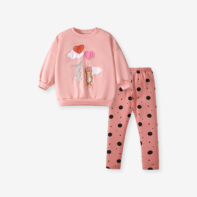 Spring and Autumn Girls Cartoon Rabbit and Balloon Pattern Long Sleeves Crew Neck Top Sweatshirt and Polka Dots Pants Clothing Set