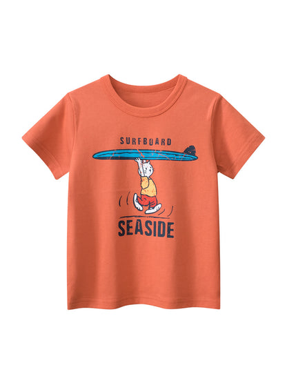 Boys’ Cartoon Seaside Cat And Letters Print T-Shirt In European And American Style