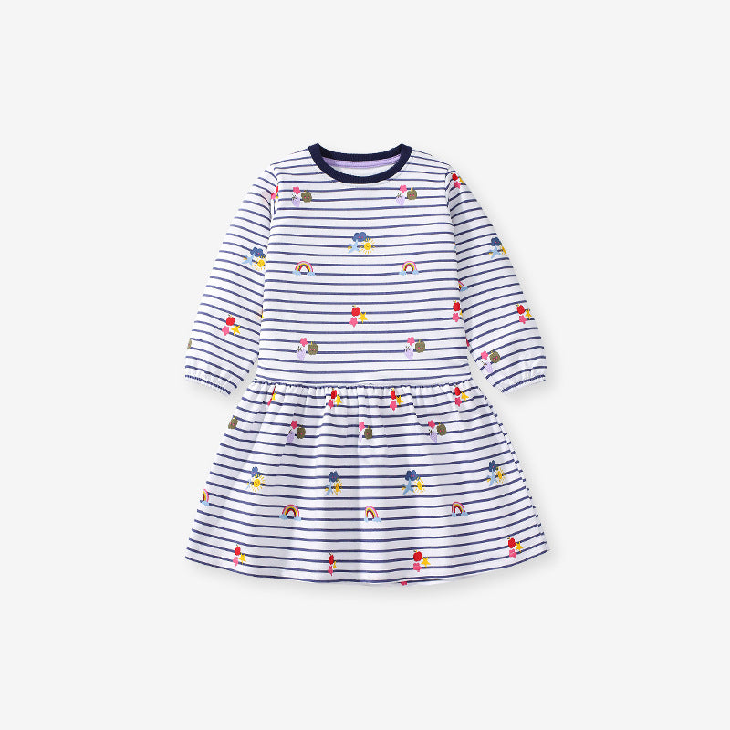 Best Selling Autumn Girls Rainbow And Striped Pattern Crew Neck Long Sleeves Dress