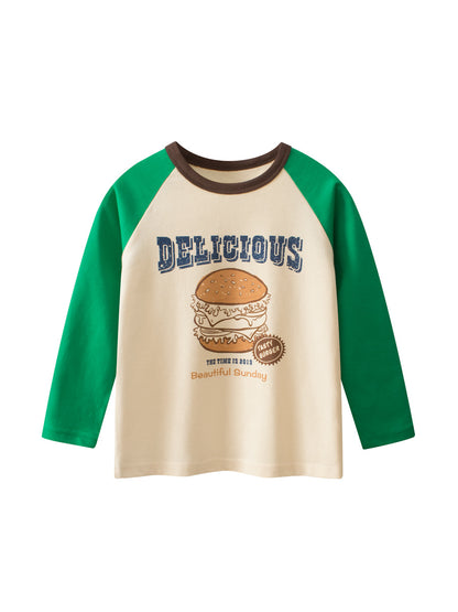 Autumn New Arrival Kids Girls Cartoon Print Crew Neck Long Sleeves Color Patchwork Top