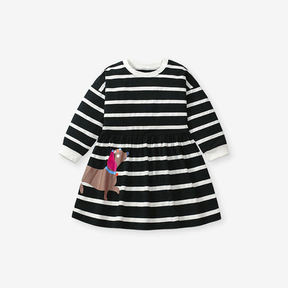 Arrival Autumn Girls Cartoon Dachshund Dog Pattern Crew Neck Long Sleeves Striped Dress