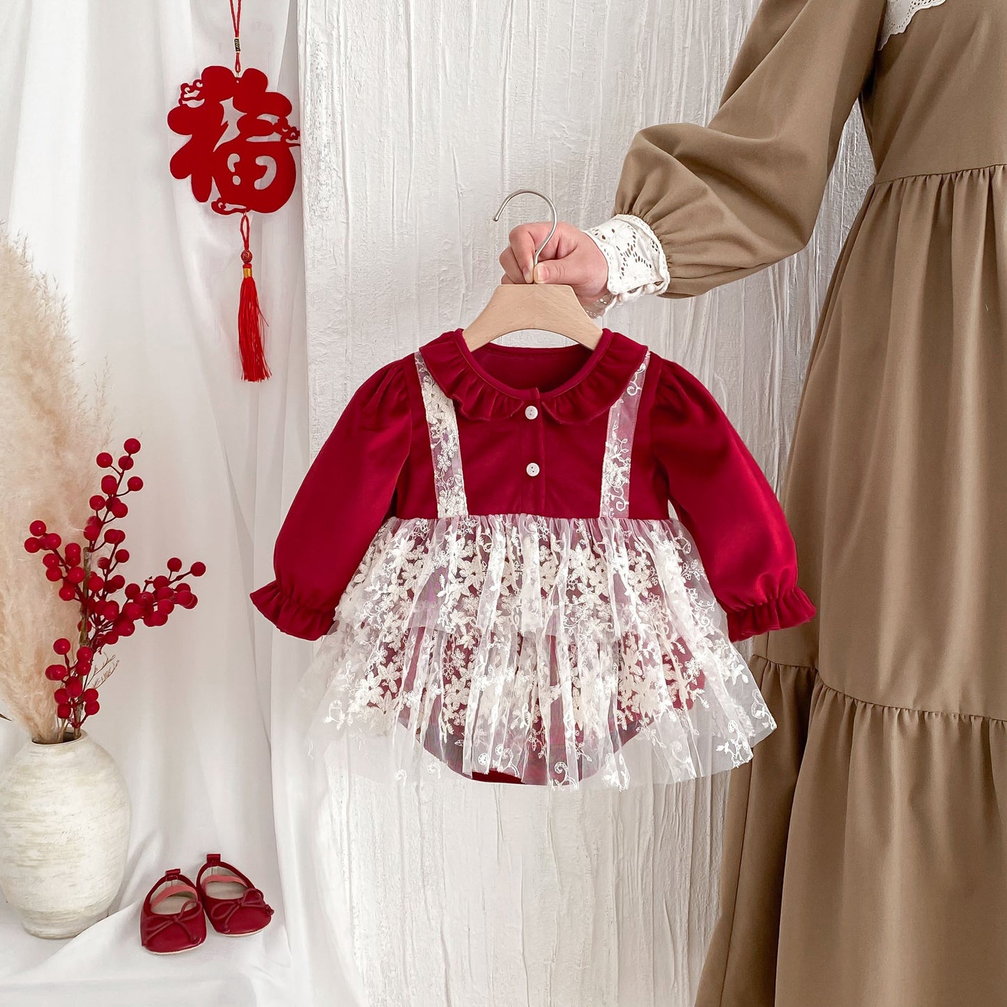 Arrival Baby Girls Long Sleeves Ruffle Collar Onesies Bodysuits Tulle Patchwork Dress