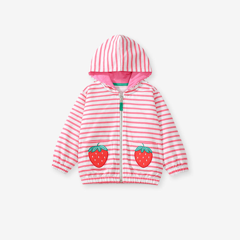 Sudadera con capucha y cremallera con estampado de rayas y dibujos animados de fresas para niñas recién nacidas 