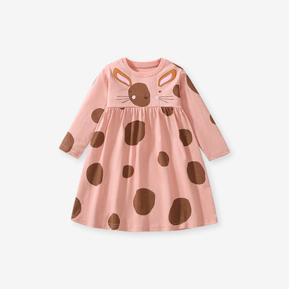 Arrival Autumn Girls Cartoon Rabbit And Polka Dots Pattern Crew Neck Long Sleeves Princess Dress