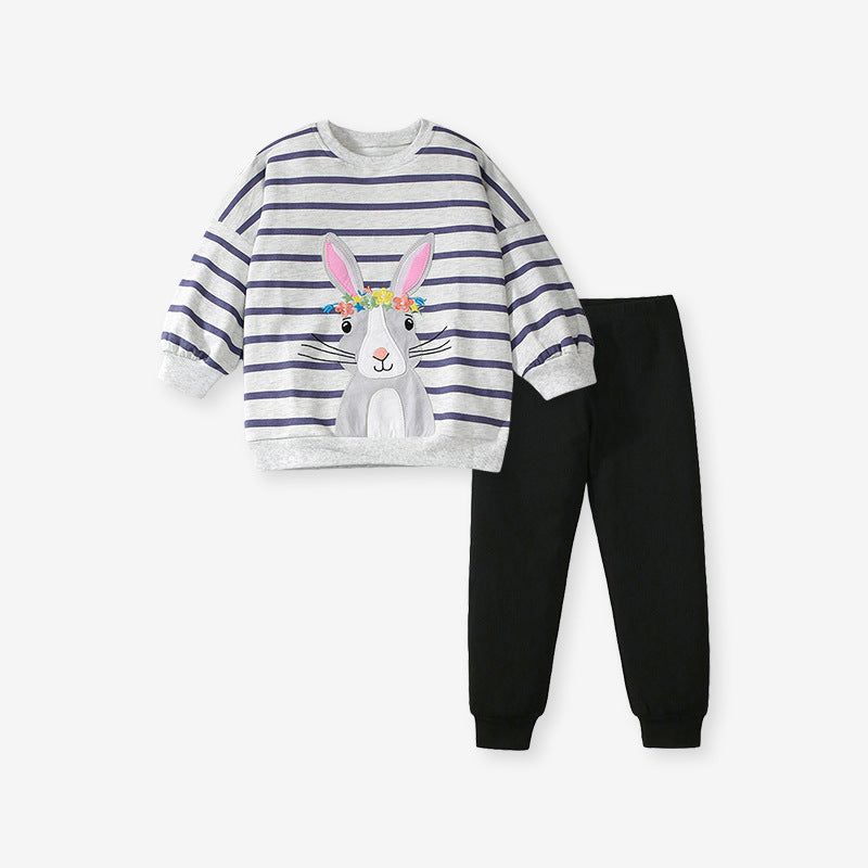 Spring and Autumn Girls Cartoon Rabbit and Striped Pattern Long Sleeves Crew Neck Top Sweatshirt and Pants Clothing Set