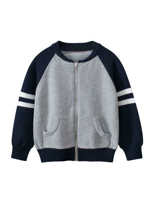 Spring European and American Style Boys’ Outerwear: Striped Long Sleeves Single Breasted Knitted Coat for Children