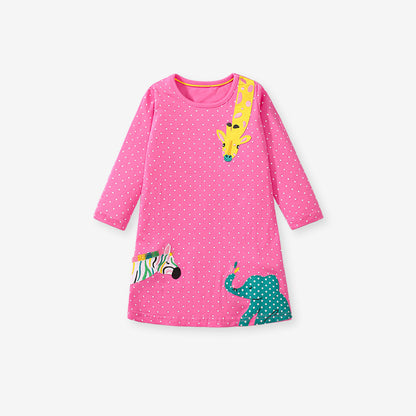 Design Autumn Girls Vivid Dots And Animals Pattern Long Sleeves Dress