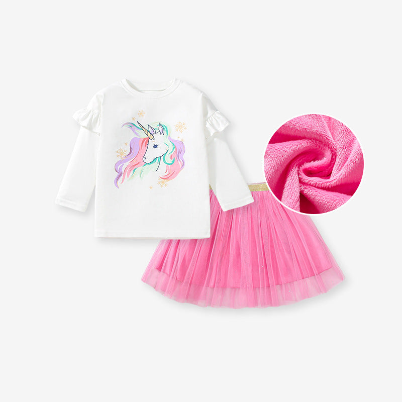 Spring And Autumn Girls Fashion Unicorn Pattern Long Sleeves Crew Neck Top Shirt And Tulle Skirt Clothing Set