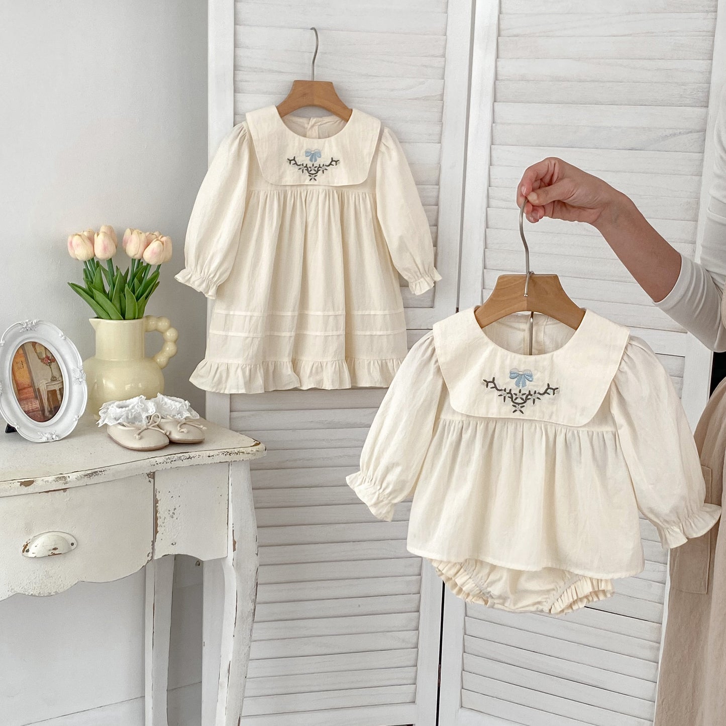 Arrival Autumn Baby Girls Long Sleeves Simple Embroidered Top and Bloomers Clothing Set / Dress