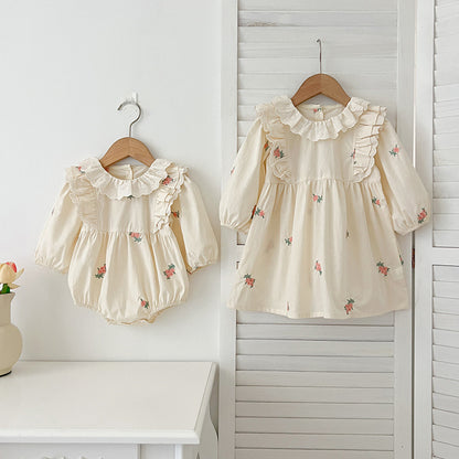 Conjunto de otoño para niñas y bebés, mono y vestido con cuello francés y estampado floral bordado de manga larga – Conjunto a juego para princesas y hermanas 