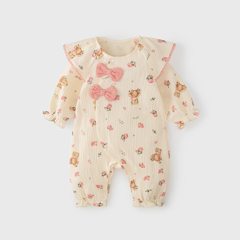 Autumn New Arrival Baby Girls Flowers and Teddy Pattern Butterfly Bows Attached Romper